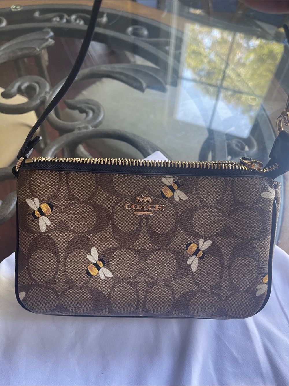 Coach Brown Signature Bee Print Mini Wristlet with Black Strap - Picture 2 of 3